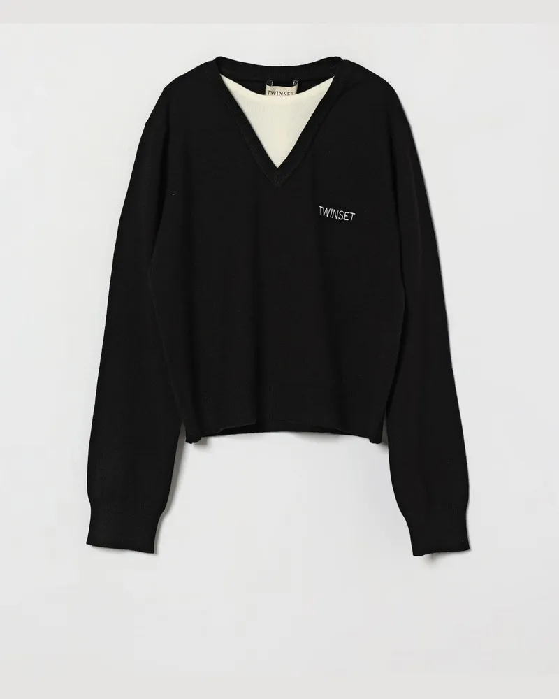 Twin-Set Jungen-Pullover mit V-Ausschnitt und Kontrastlogo aus Viskosemischung Schwarz
