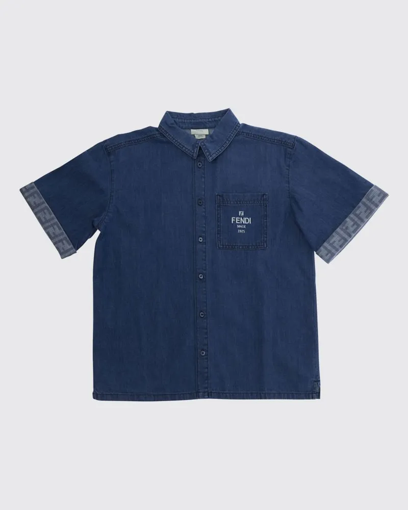 Fendi Kurzärmeliges Baumwollhemd für Jungen mit französischem Kragen Blau
