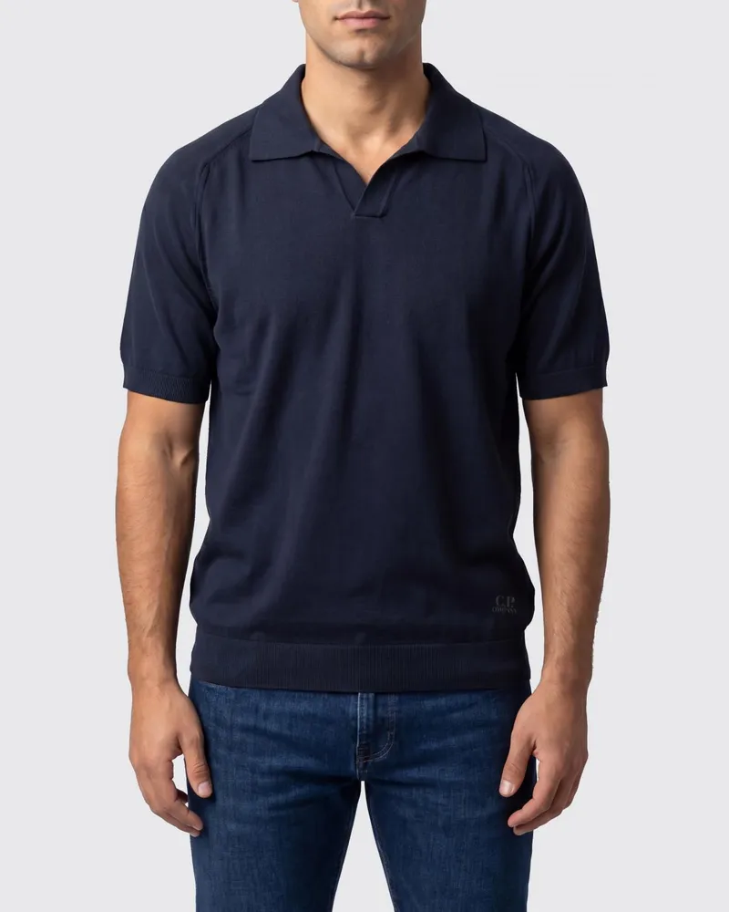 C.P. Company V-Ausschnitt Baumwollstrick-Poloshirt Navy