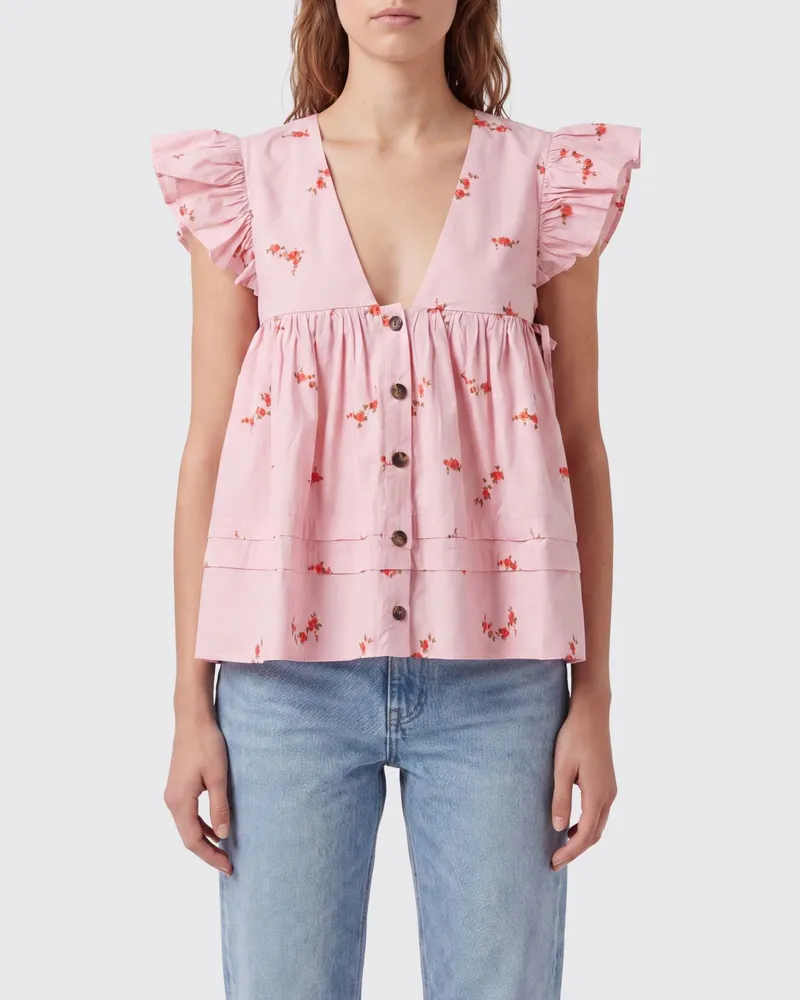 Ganni Ärmelloses Top aus Stretch-Baumwolle mit Blumenstickerei und gerüschtem V-Ausschnitt Pink