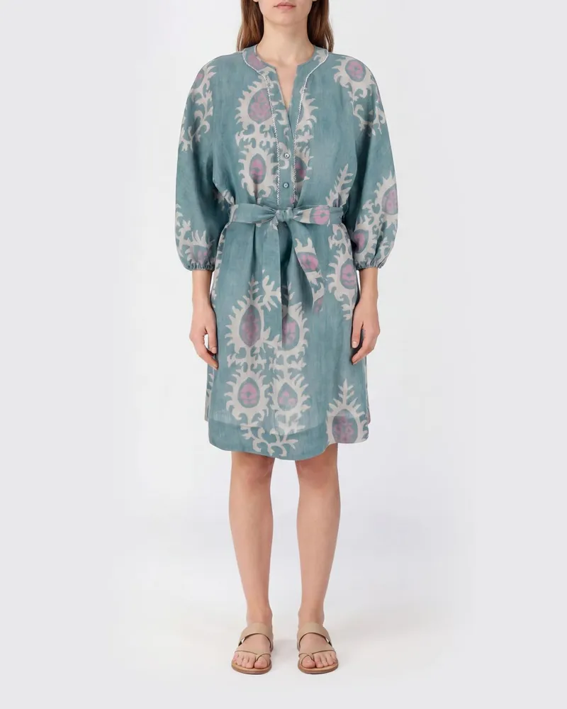 Bazar Deluxe Mini-Tunika aus Leinen mit Ethno-Print und Taillengürtel Pink