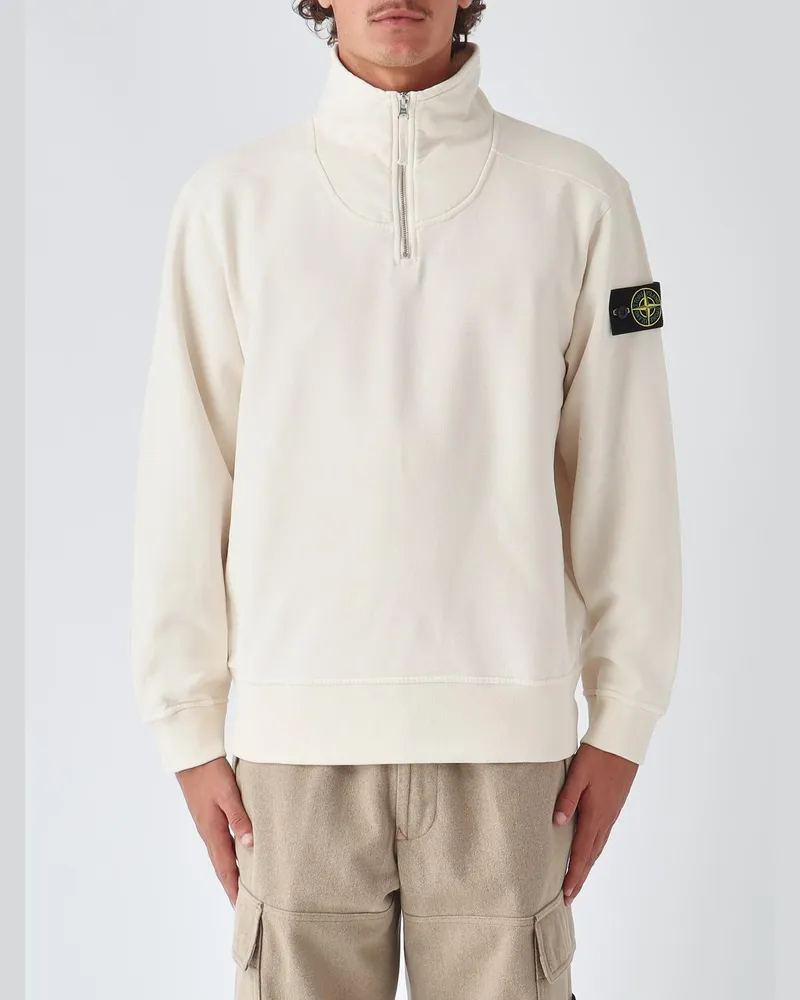 Stone Island Baumwoll-Sweatshirt mit halbem Reißverschluss und Trichterkragen mit Compass-Logo-Patch Ivory