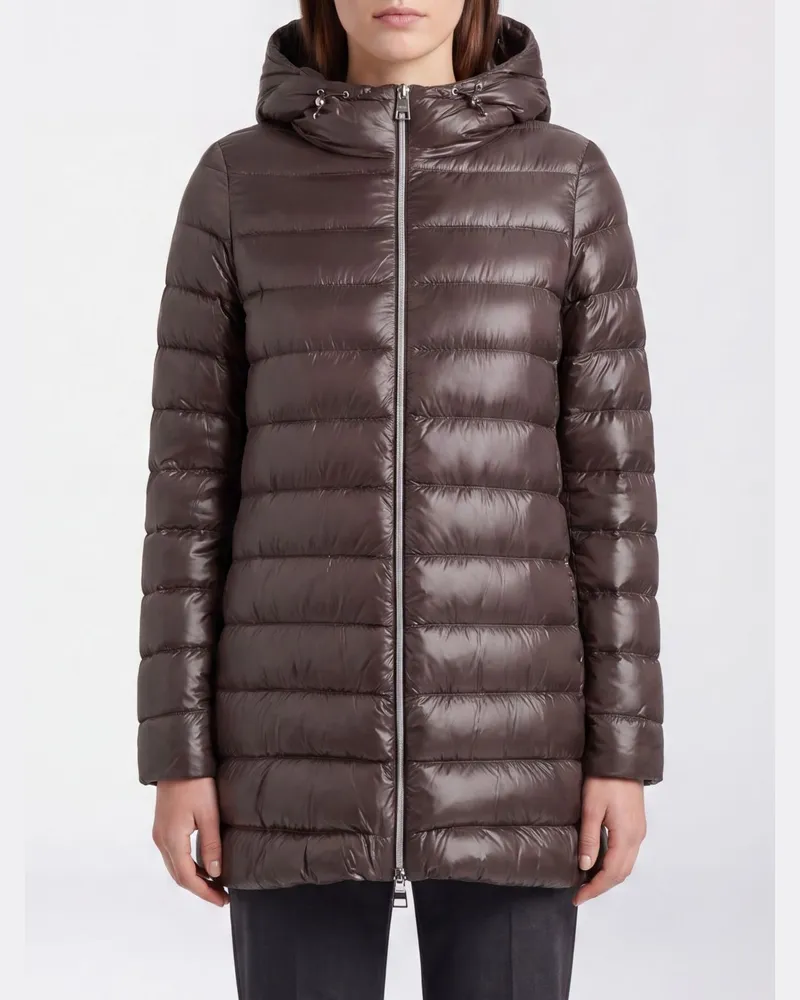 Herno Langer Daunenmantel aus gestepptem Nylon mit Kapuze und Daunenfüllung Braun