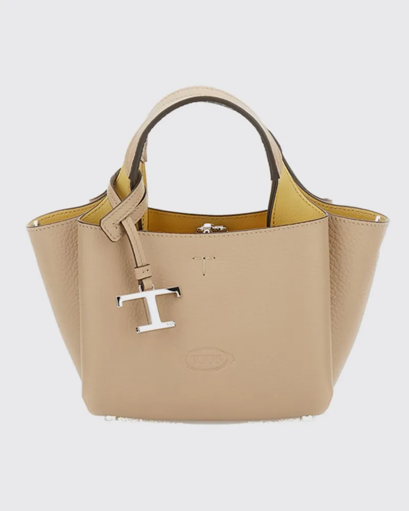 TOD'S Kleine Handtasche aus genarbtem Leder mit ausgestelltem Design und Anhänger Beige