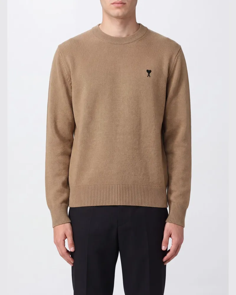AMI Paris Wollpullover mit Rundhalsausschnitt und gesticktem Ami de Cœur-Logo Beige