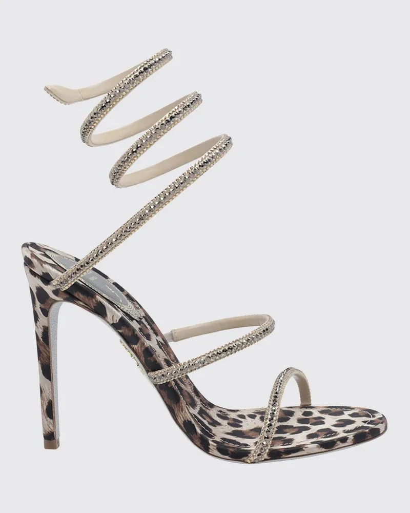 René Caovilla Cleo Sandalen aus Satin mit Animal-Print, Snake-Riemen und Kristallen Bunt