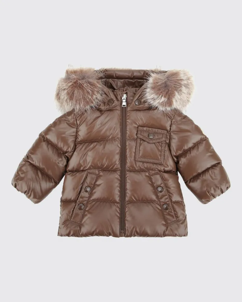 Moncler Nylon-Daunenjacke für Jungen mit Shearling-Kapuze und Pattentaschen Braun