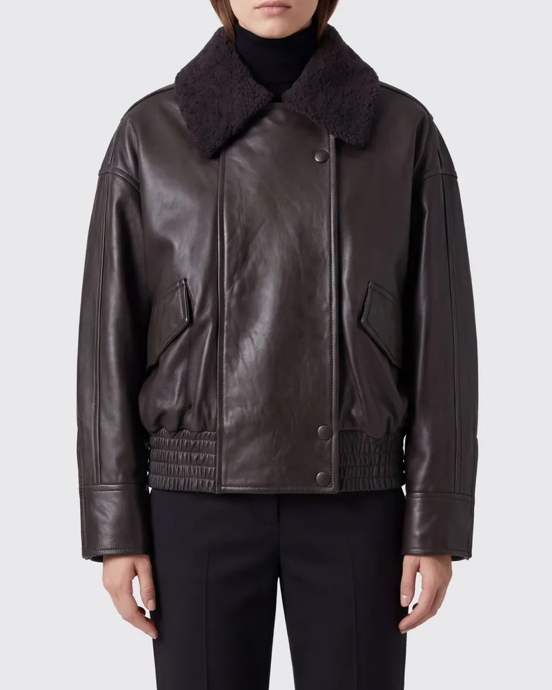 IVY & OAK Zweireihige Nappa-Bomberjacke mit Pelzkragen Braun