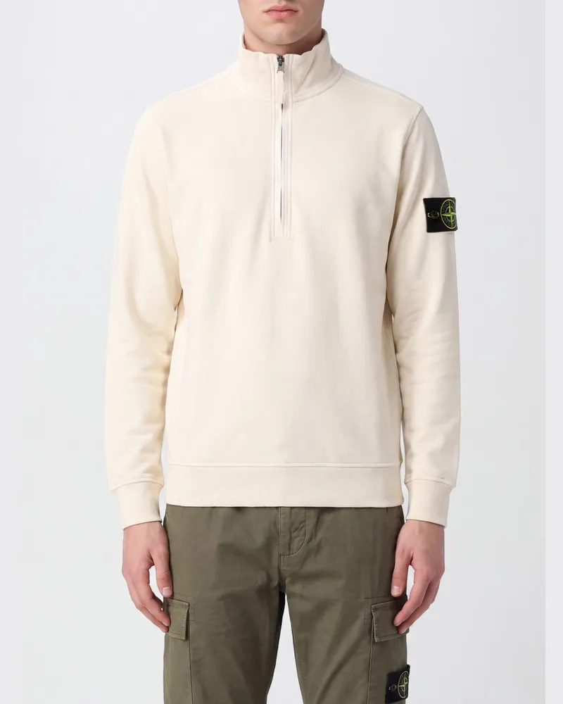 Stone Island Baumwoll-Rollkragenpullover mit halbem Reißverschluss und Compass-Logo-Patch Weiß