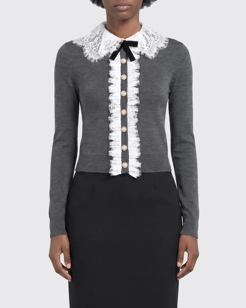 Self-Portrait Slim Fit Woll-Cardigan mit Spitzen- und Rüschenkragen Grau