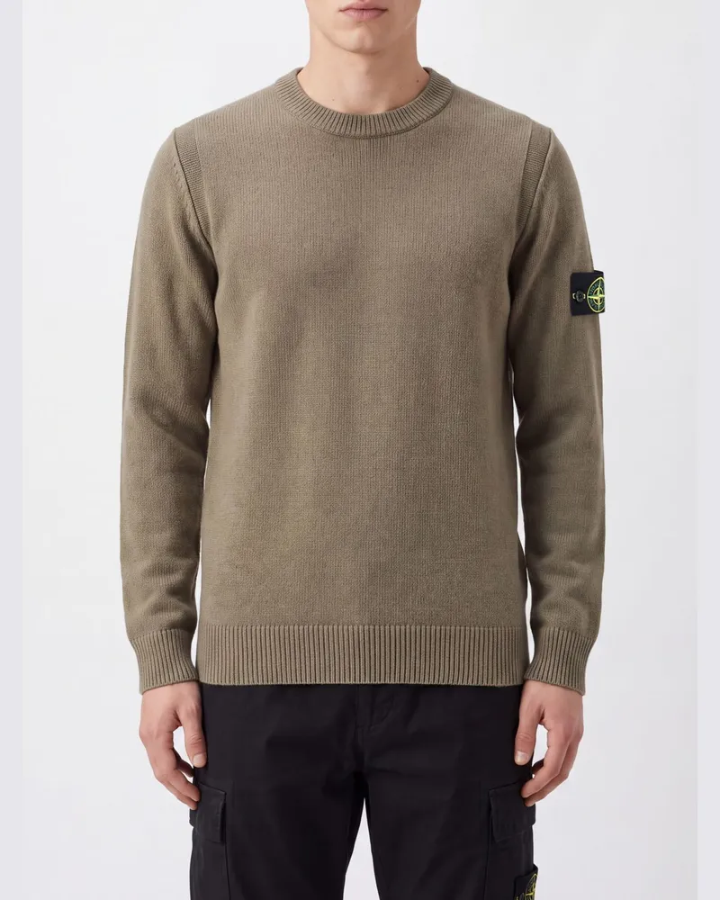 Stone Island Rundhalspullover aus Schurwolle mit Compass-Logo-Patch Military