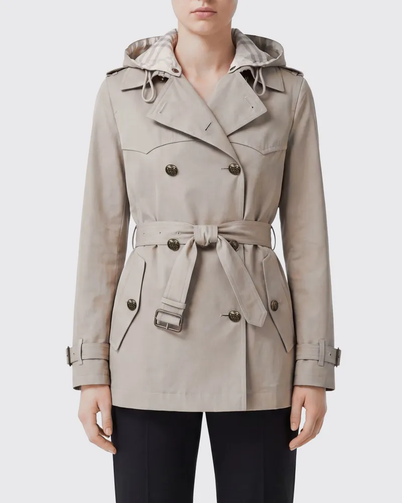 Burberry Kurzer Foxfield Doppelreiher-Trenchcoat aus Baumwolle mit Kapuze Beige