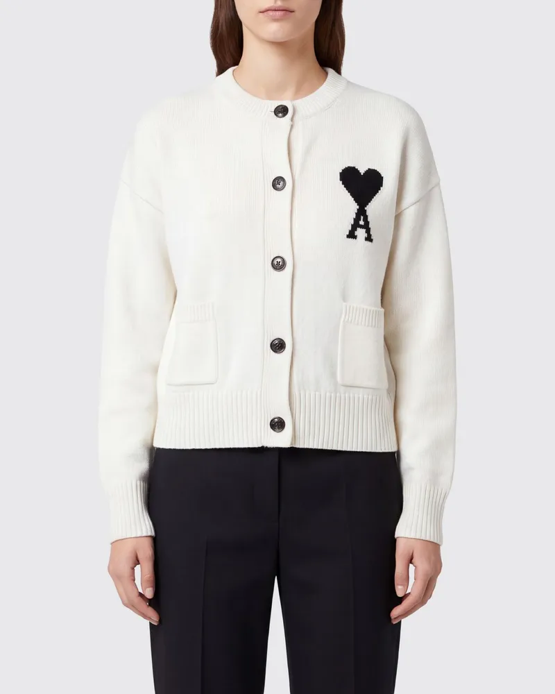 AMI Paris Cardigan aus roter Wolle mit Rundhalsausschnitt und gesticktem Kontrast-Logo Weiß