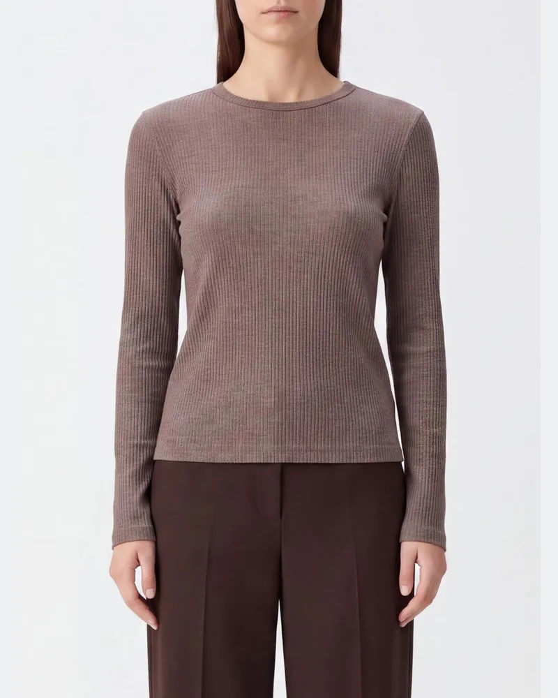 Max Mara Rundhalspullover aus Lyocell und Seide mit Slim Fit und langen Ärmeln Beige