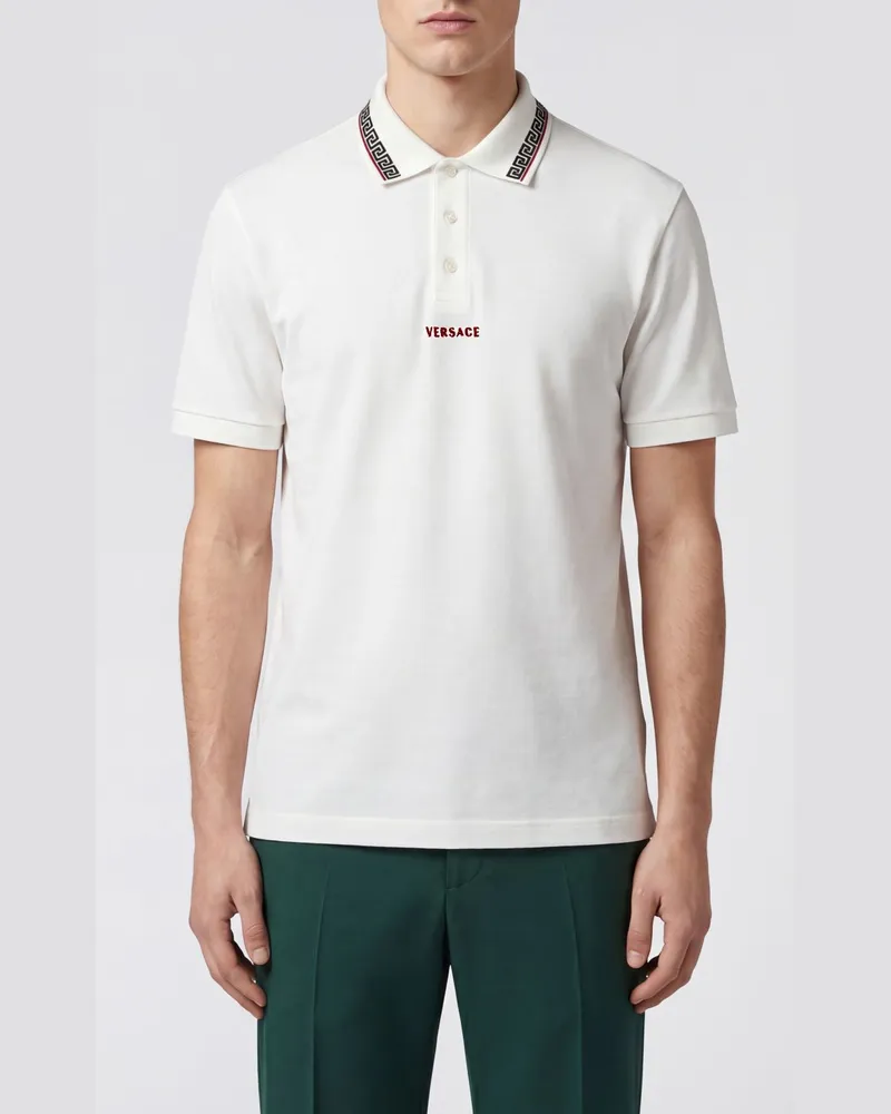 Versace Baumwoll-Poloshirt mit Greca-Muster und kontrastgesticktem Logo Weiß