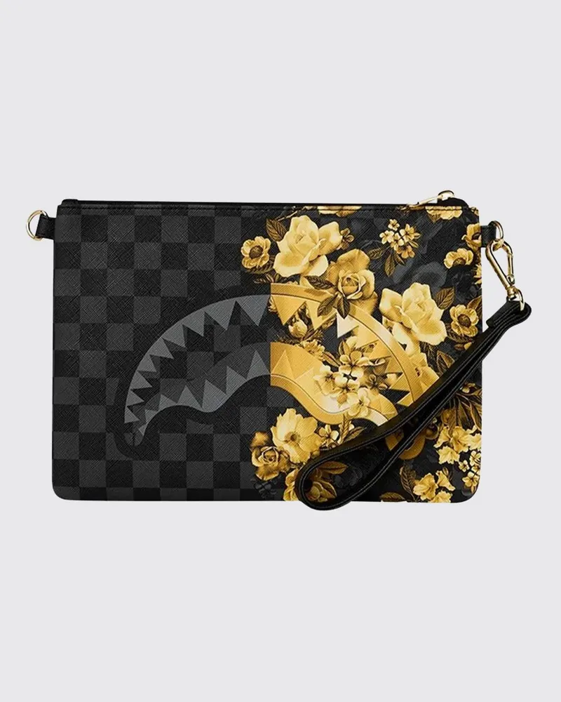 Sprayground Hand-Pouch aus beschichteter Baumwolle mit Blumen- und Shark-Print und Handschlaufe Gold