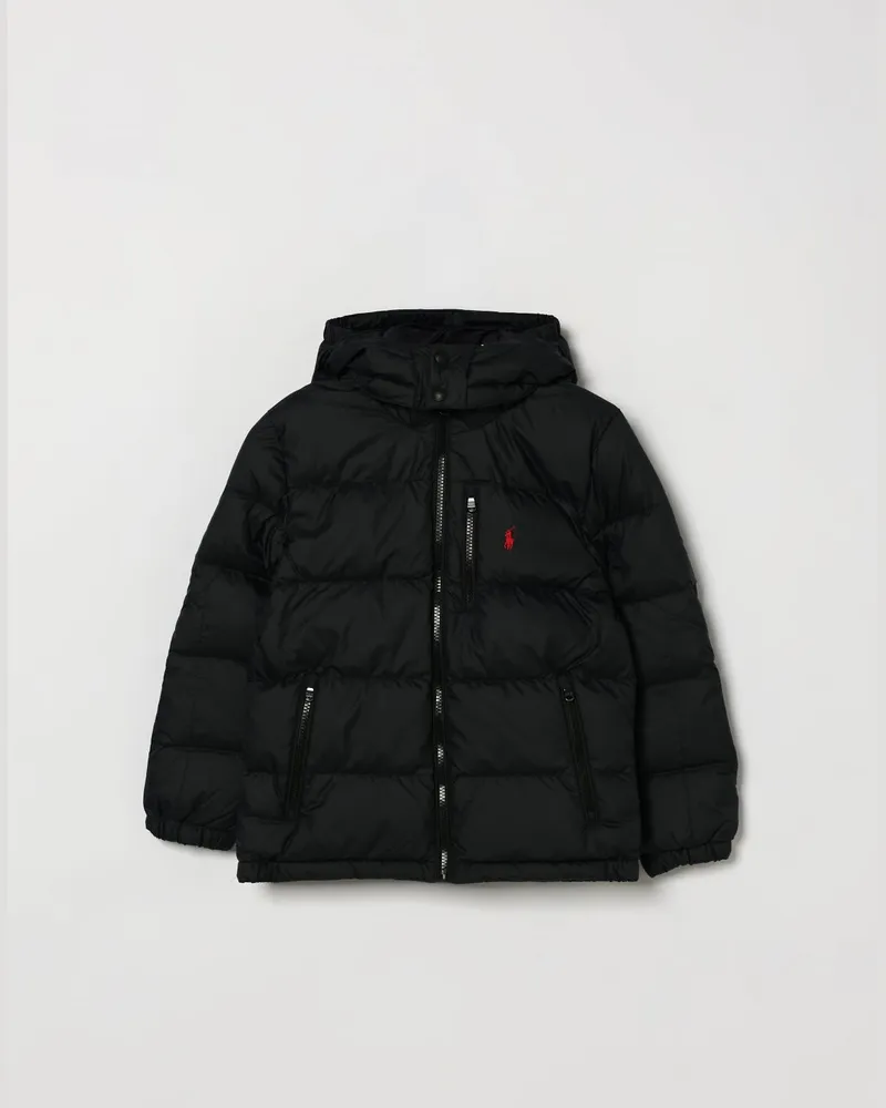 Ralph Lauren Gesteppte Kapuzen-Daunenjacke für Jungen mit Pony-Logo Schwarz