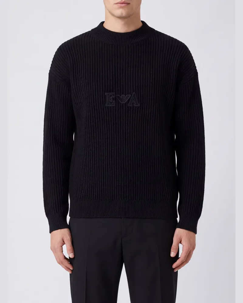 Emporio Armani Rundhalspullover aus Baumwollmischung mit Ton-in-Ton-Logo Schwarz