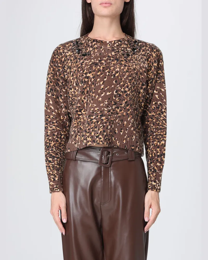 Twin-Set Pullover aus Wollmischung mit Animal-Print und Kristallstickerei Braun