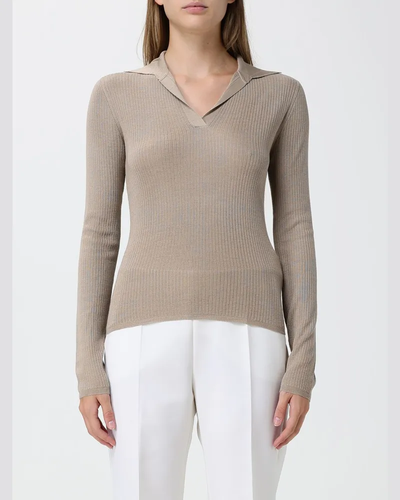 Max Mara geripptes Strickpolo aus Seide und Kaschmir mit V-Ausschnitt und Slim Fit Beige
