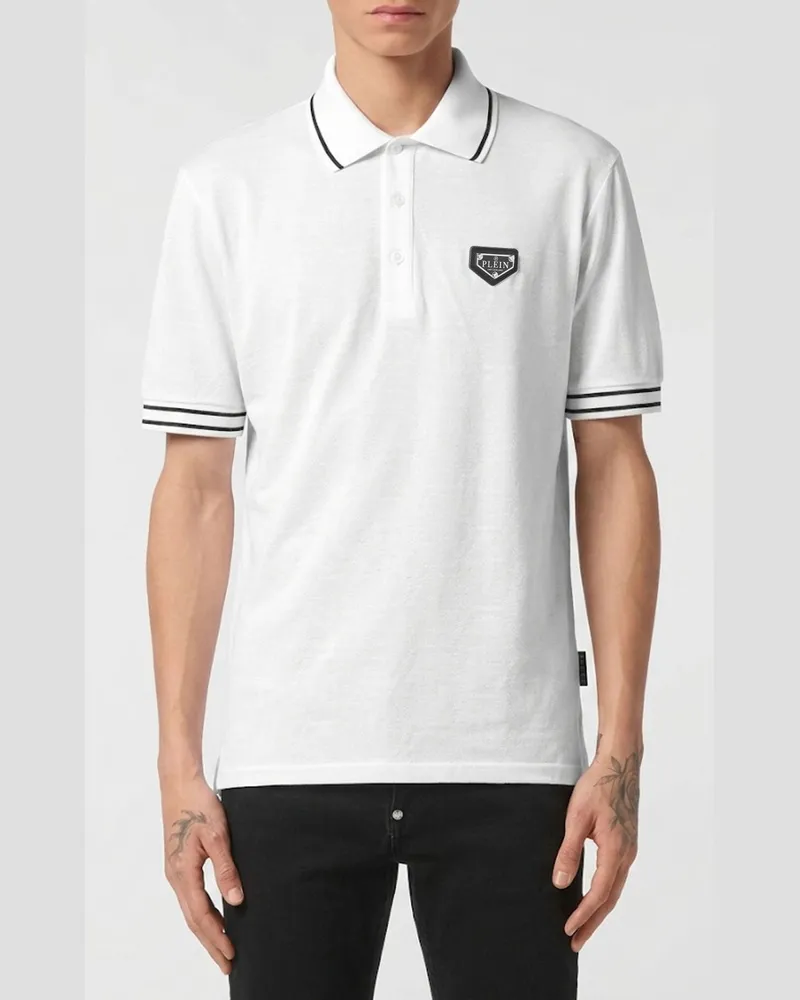 Philipp Plein Kurzärmeliges Baumwoll-Poloshirt mit Kontrastlogo und klassischem Kragen Weiß