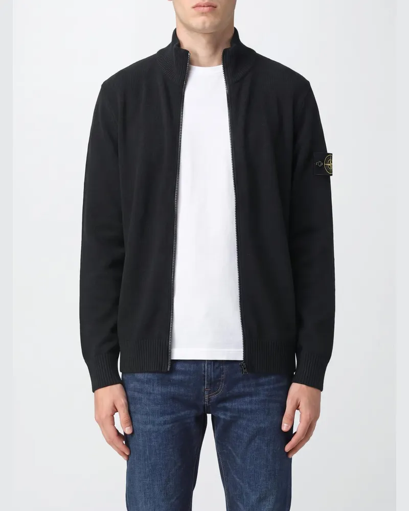 Stone Island Strickjacke aus reiner Schurwolle mit Stehkragen und Reißverschluss Schwarz