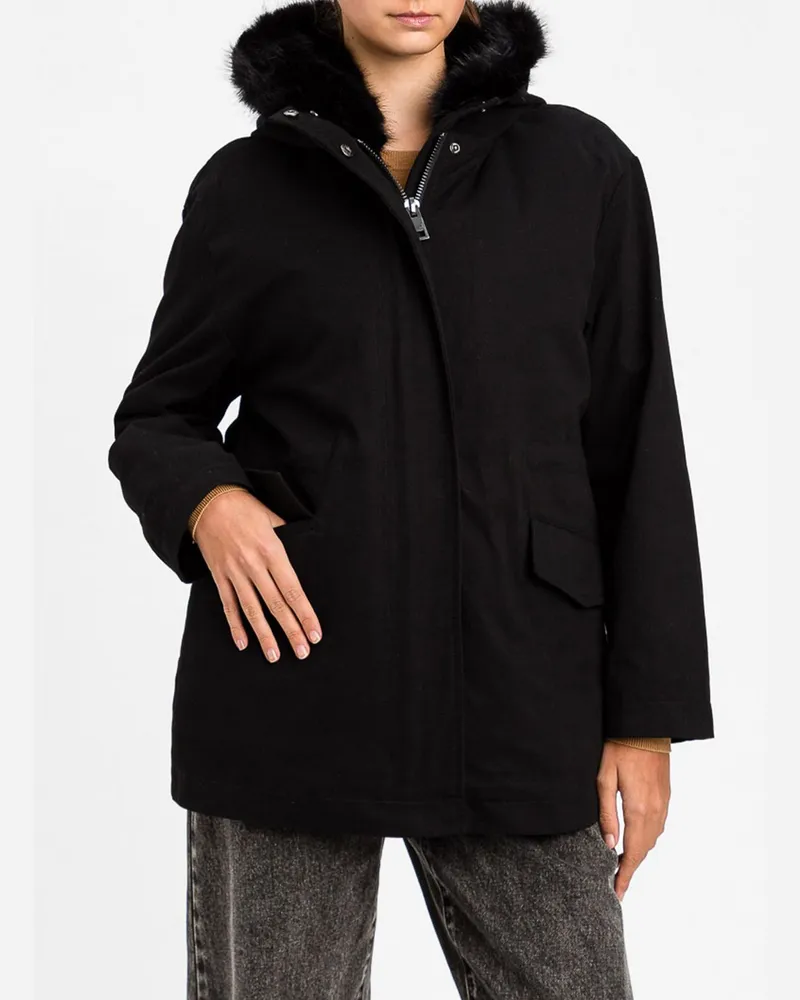 Twin-Set Kurzer Baumwollparka mit Kapuze und Kunstpelzfutter Schwarz