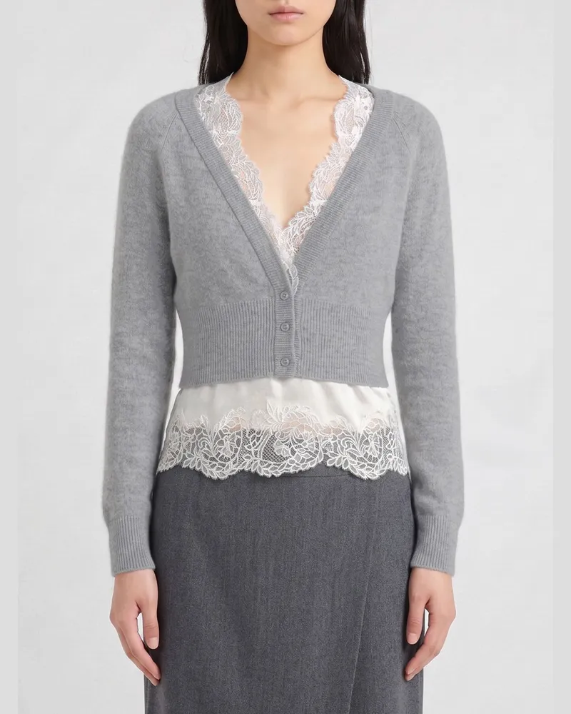 Ermanno Scervino Cardigan aus reinem Kaschmir von mit Spitze und Rüschensaum Grau