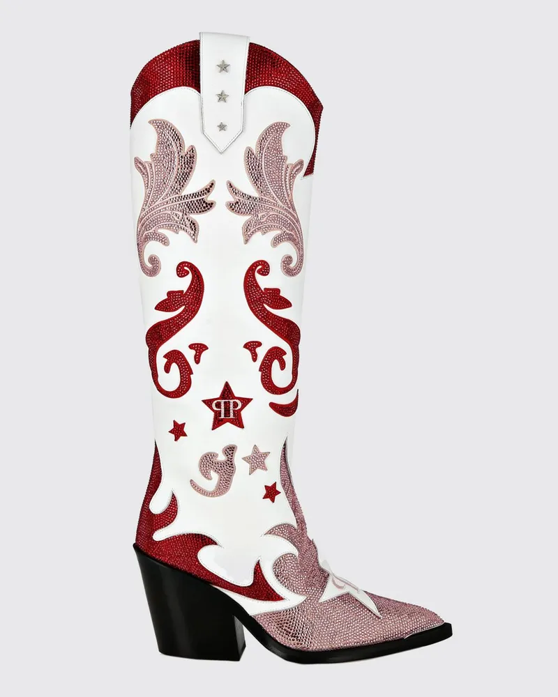 Philipp Plein Kniehohe Cowboystiefel aus Wildleder mit Kristallverzierungen Rot