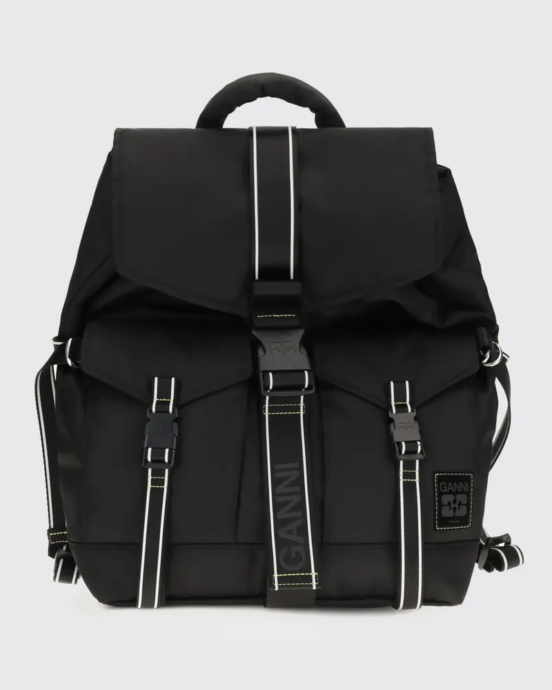Ganni Rucksack aus recyceltem Polyamid mit Klappe und verstellbaren Schnallen Schwarz
