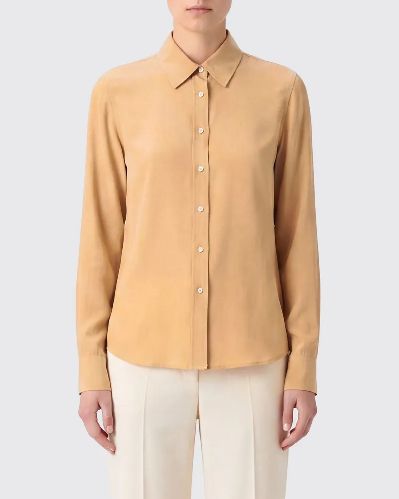 Jil Sander Langärmeliges Viskose-Hemd mit französischem Kragen und abgerundetem Saum Sand
