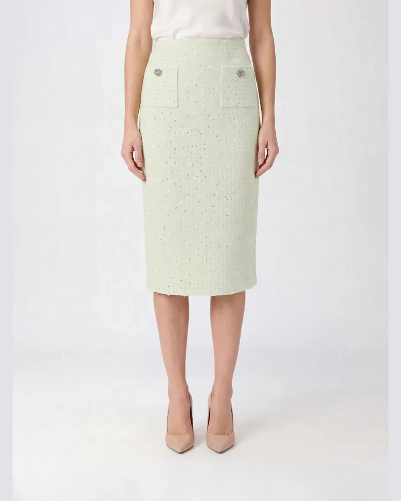 Self-Portrait Midi-Bleistiftrock von aus Tweed mit Pailletten und hoher Taille Grün