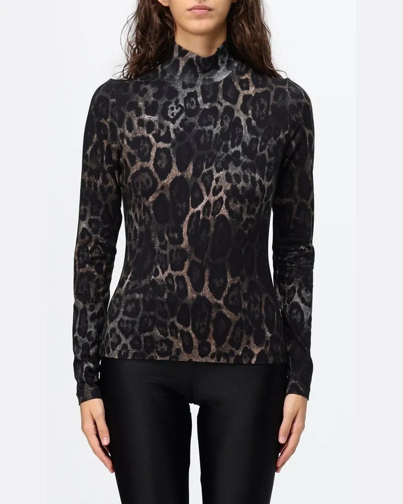 Just Cavalli Figurbetontes Rollkragentop aus Stretch-Baumwolle mit Animal-Print Schwarz