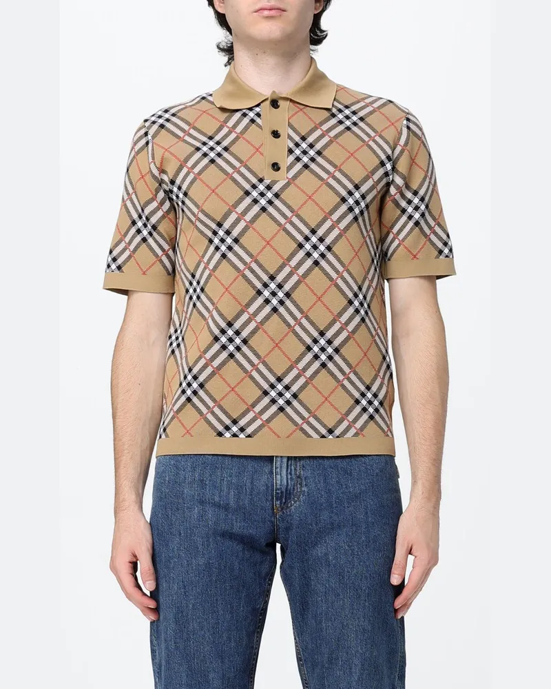 Burberry Gestricktes Baumwoll-Polo mit Karomuster und geripptem Kragen Sand