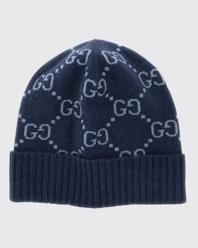 Gucci Beanie aus Kaschmir mit Jacquard-GG-Monogramm und Rippstrickbündchen Blau