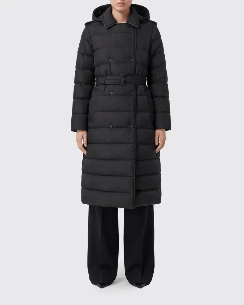Burberry Gesteppter Nylon-Daunenmantel in Knielänge mit Gürtel und Stehkragen Schwarz
