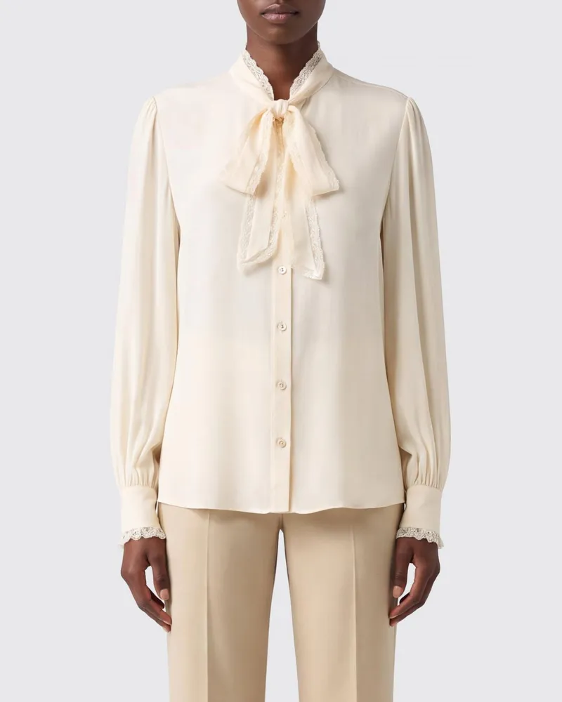 Twin-Set Viskose-Bluse mit Schluppenkragen und Spitzeneinsätzen Perle