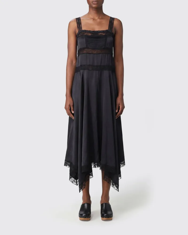 Ganni Asymmetrisches Midi-Kleid aus Seide mit Spitzeneinsätzen Schwarz
