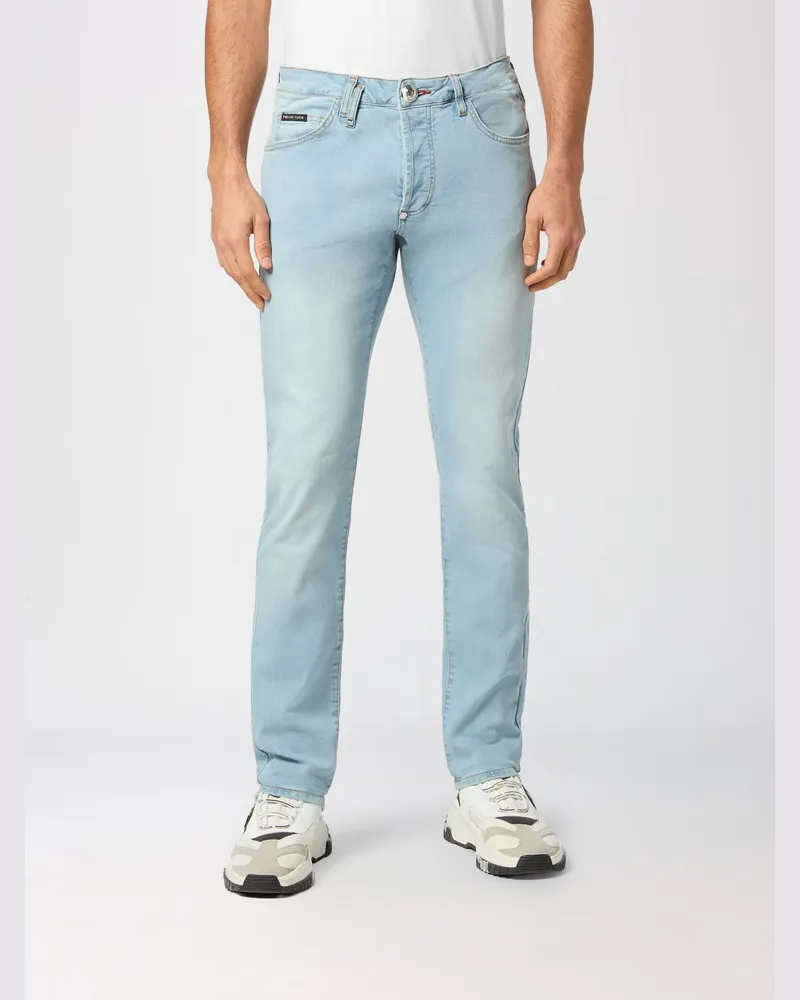 Philipp Plein Slim Fit Skinny Jeans aus Baumwolldenim mit Metall-Logo Blau