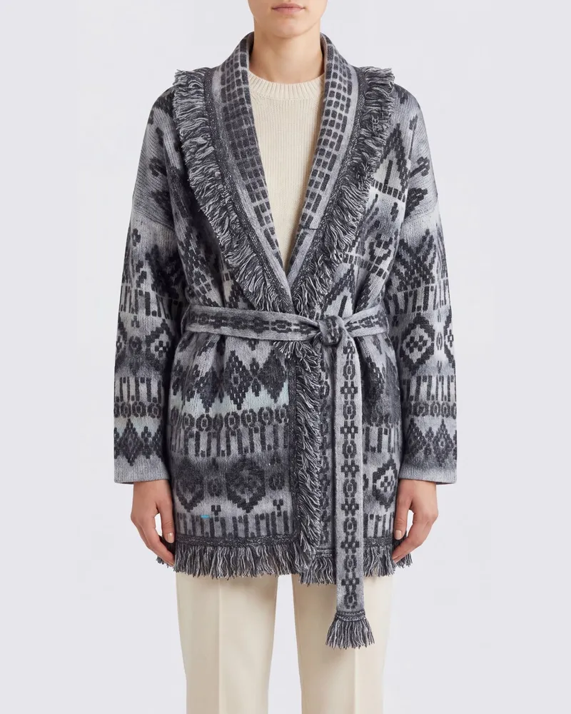 Alanui Jacquard-Wickel-Cardigan aus Schurwolle mit Schalkragen und Fransen Grau