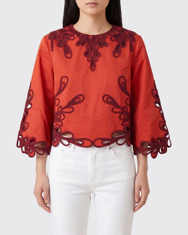 Antik Batik Langärmlige bestickte Baumwollbluse Rot