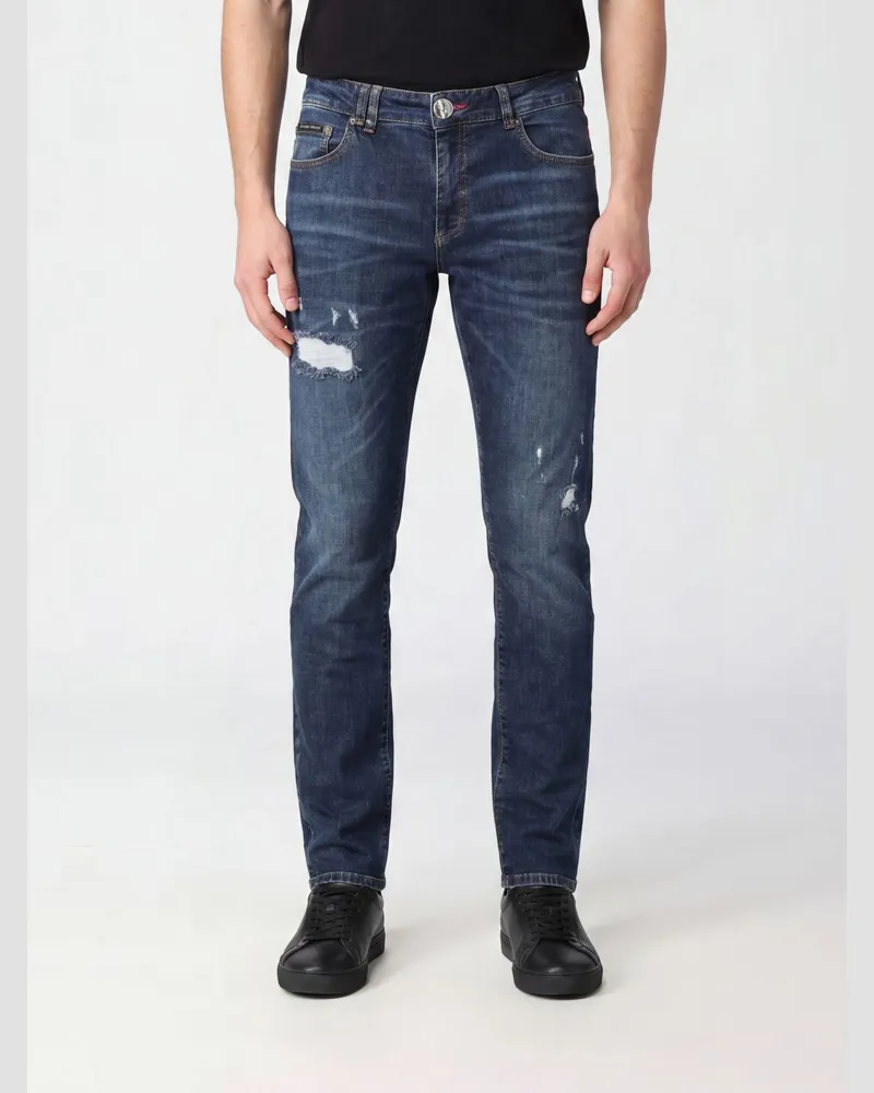 Philipp Plein Distressed Slim Fit Skinny Jeans aus Baumwolldenim mit Metall-Logo Blau