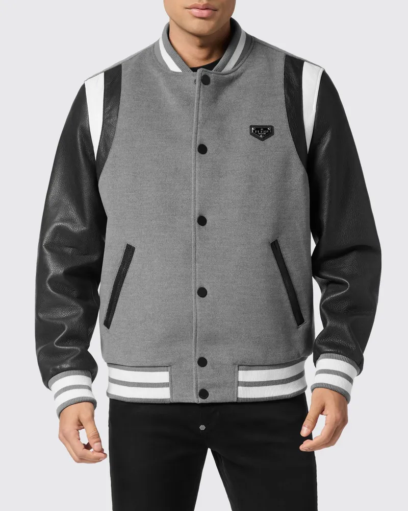 Philipp Plein Varsity-Bomberjacke aus Leder und Viskose mit gesticktem Logo Grau