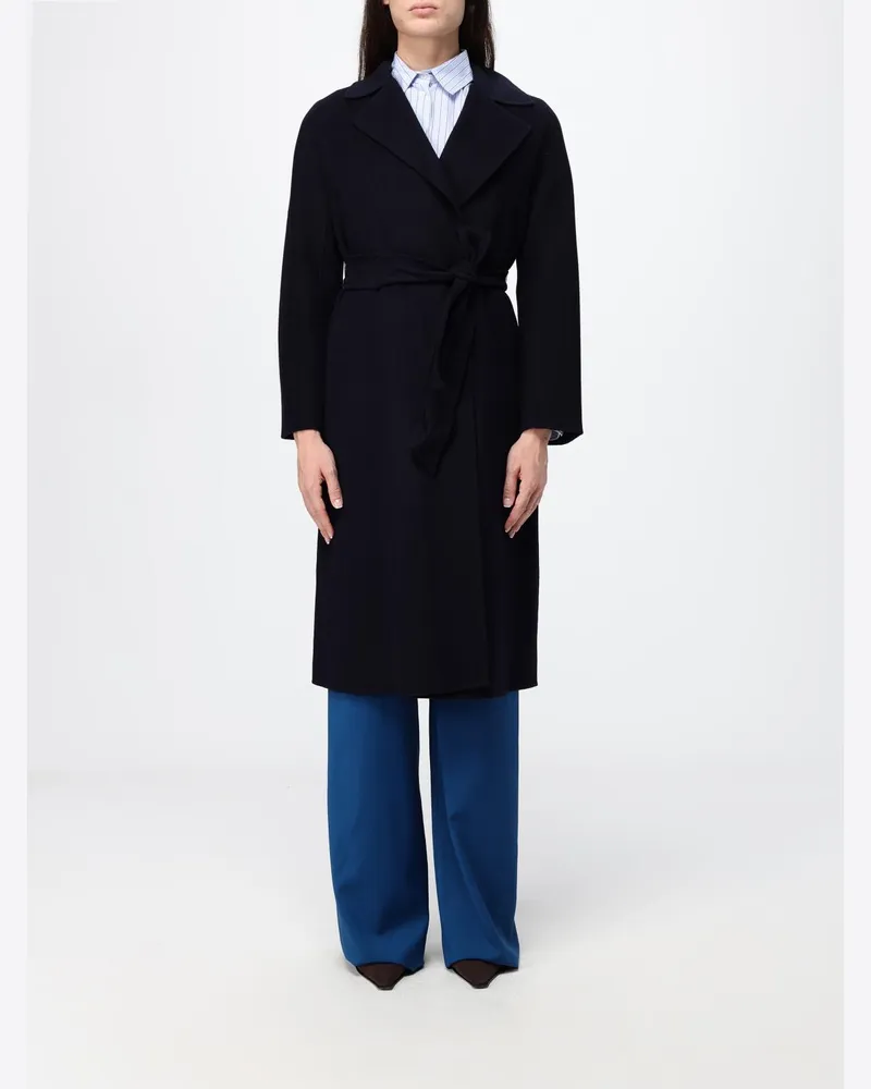 Max Mara Langer Bademantel-Mantel aus Wolle und Kaschmir mit Taillengürtel Navy
