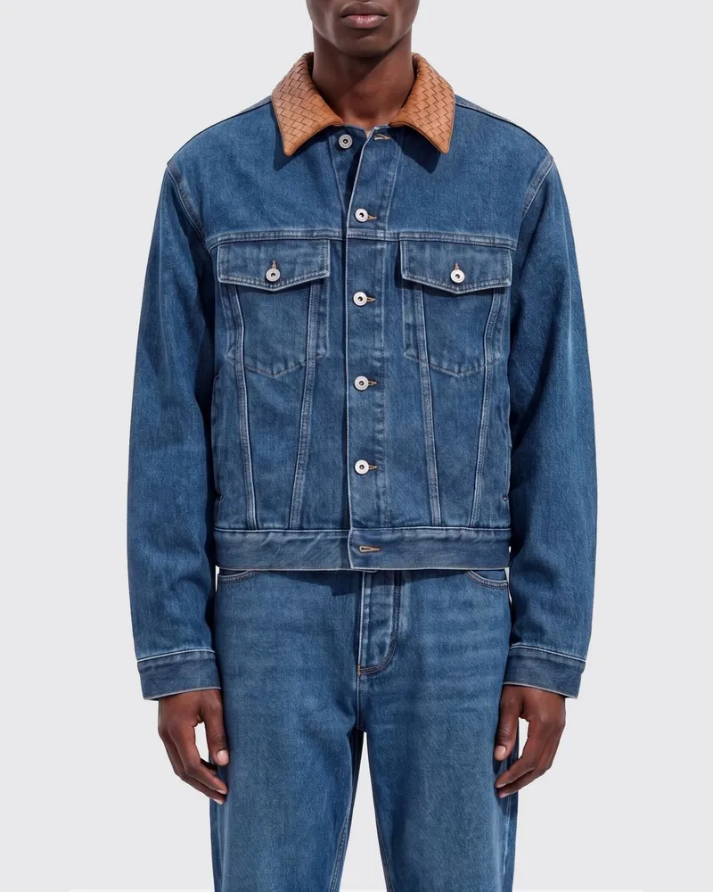 Bottega Veneta Jeansjacke mit geflochtenem Lederkragen Blau