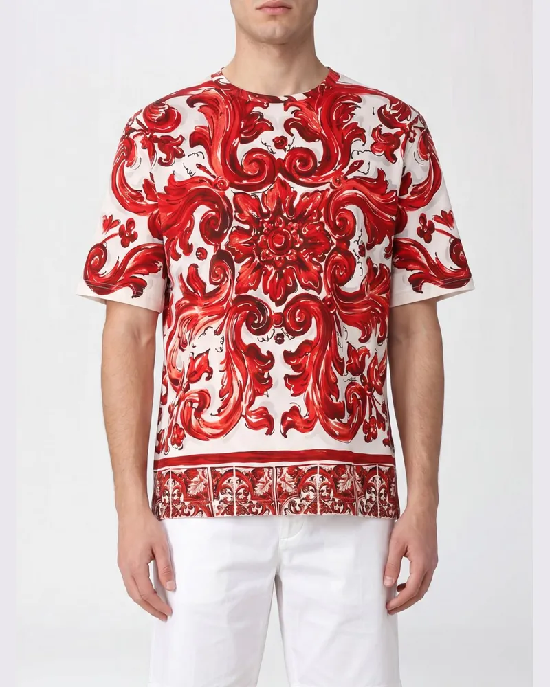 Dolce & Gabbana DOLCE  GABBANA Dolce & Gabbana Baumwoll-T-Shirt mit Rundhalsausschnitt und Majolika-Print Rot