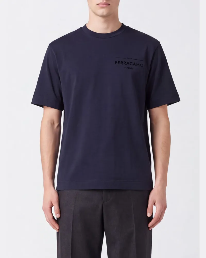 Ferragamo Baumwoll-T-Shirt mit Rundhalsausschnitt und Kontrastlogo vorne Navy