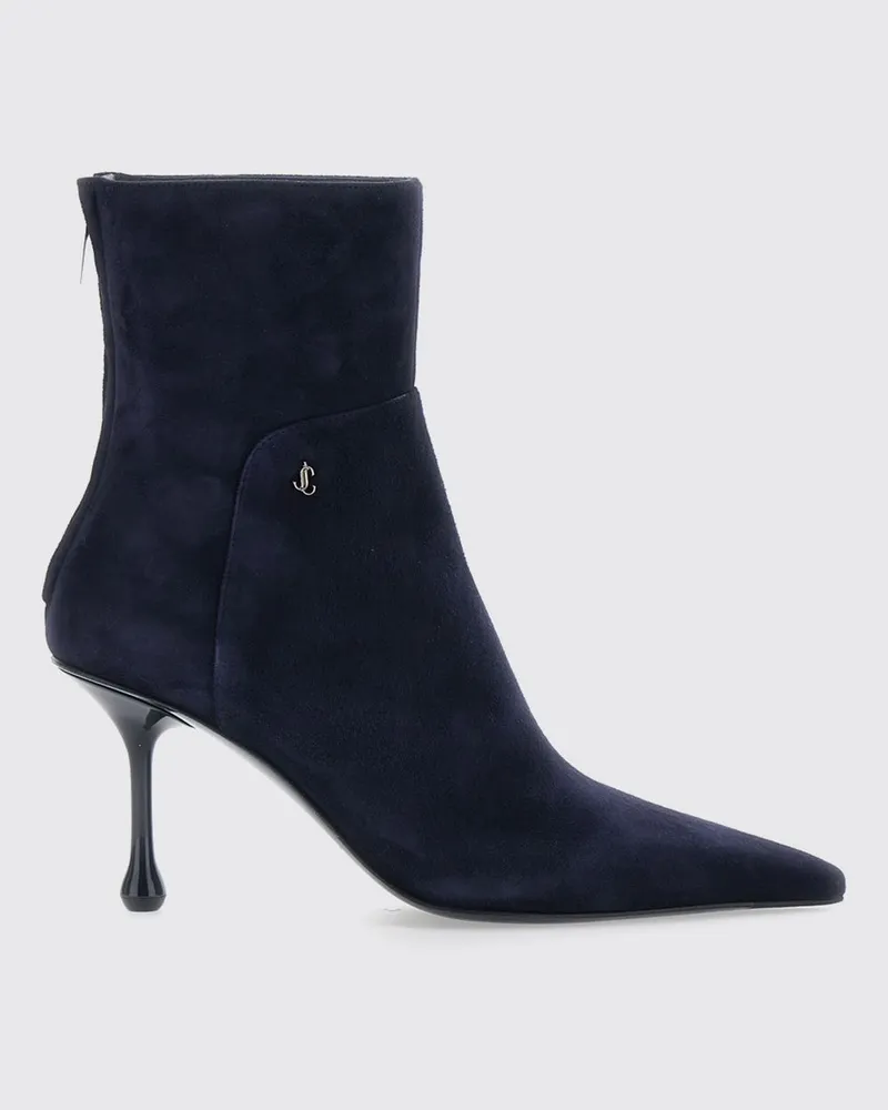 Jimmy Choo Stiefeletten aus Veloursleder mit hohem Tropfenabsatz und JC-Monogramm Blau