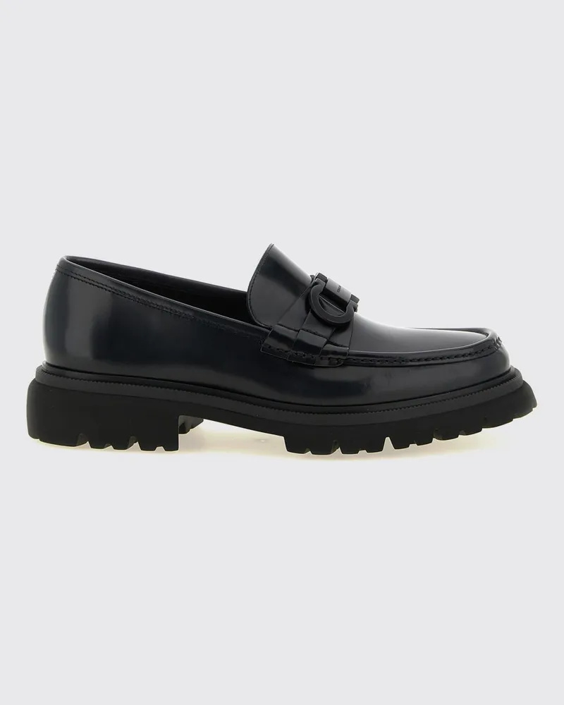 Ferragamo Gancini Penny Loafer aus gebürstetem Leder mit gezahnter Sohle Schwarz