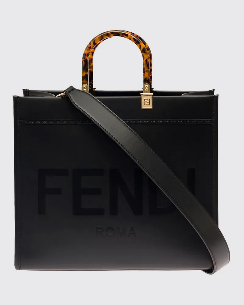 Fendi Mittlere Sunshine Shopper-Tasche aus Kalbsleder mit Griffen aus Harz Schwarz